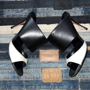 Manolo Blahnik Black & White Leather Open-Toe Mules | Size 41.5 with Box